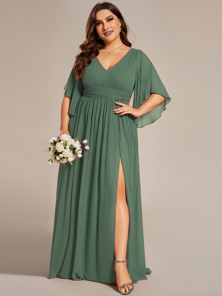 Plus Size Half Sleeve Pleated A-Line V-Neck Chiffon Bridesmaid Dress #color_Eucalyptus