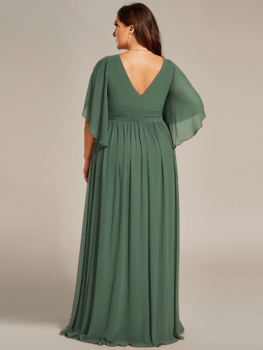 Half Sleeve V-Neck Pleated High Slit A-Line Chiffon Bridesmaid Dress #color_Eucalyptus