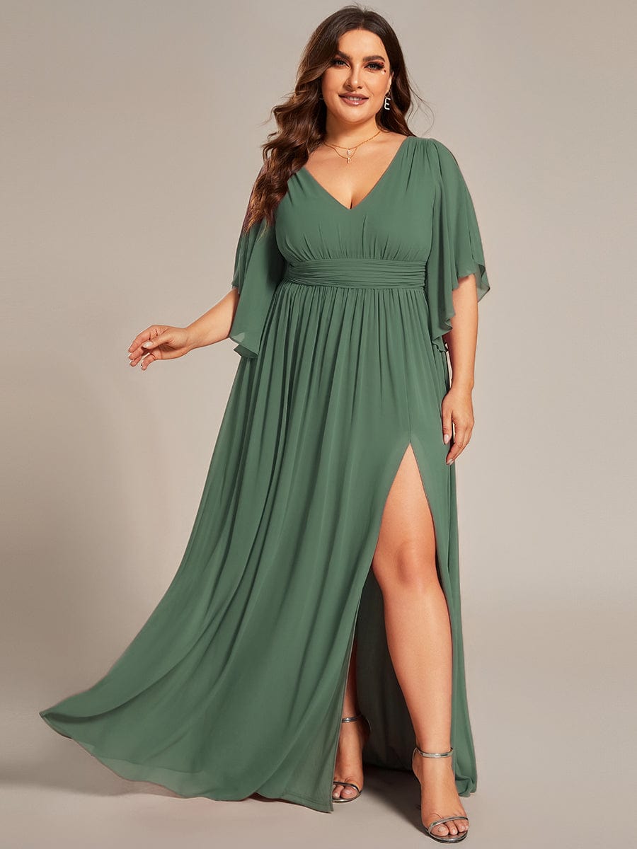 Plus Size Printed Half Sleeve Pleated A-Line Chiffon Wedding Guest Dress #color_Eucalyptus