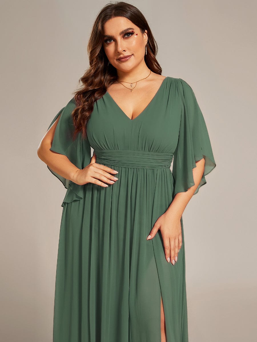 Plus Size Printed Half Sleeve Pleated A-Line Chiffon Wedding Guest Dress #color_Eucalyptus