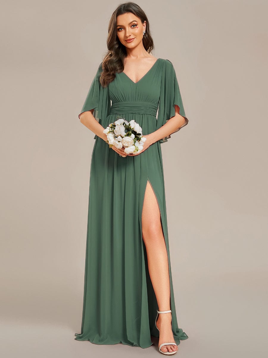 Half Sleeve V-Neck Pleated High Slit A-Line Chiffon Bridesmaid Dress #color_Eucalyptus