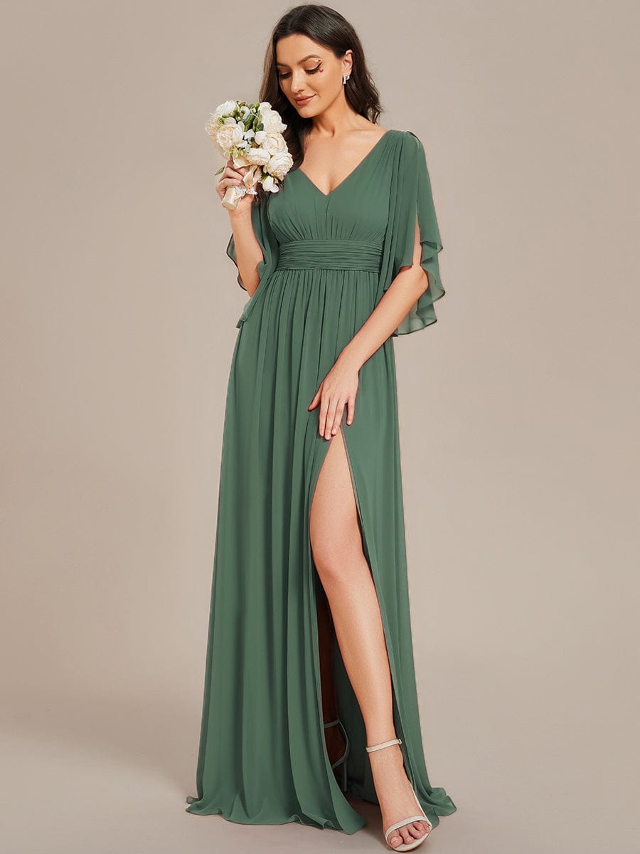 Half Sleeve V-Neck Pleated High Slit A-Line Chiffon Bridesmaid Dress #color_Eucalyptus