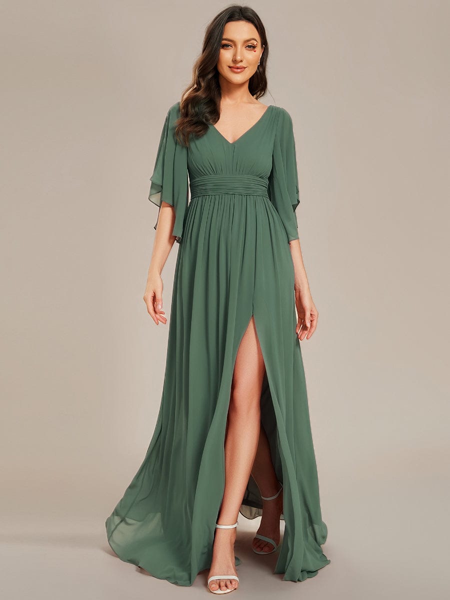 Half Sleeve V-Neck Pleated High Slit A-Line Chiffon Bridesmaid Dress #color_Eucalyptus