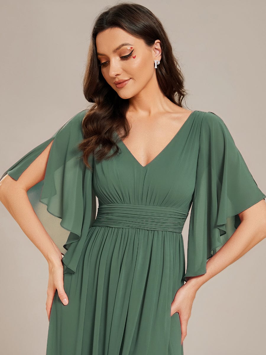 Half Sleeve V-Neck Pleated High Slit A-Line Chiffon Bridesmaid Dress #color_Eucalyptus
