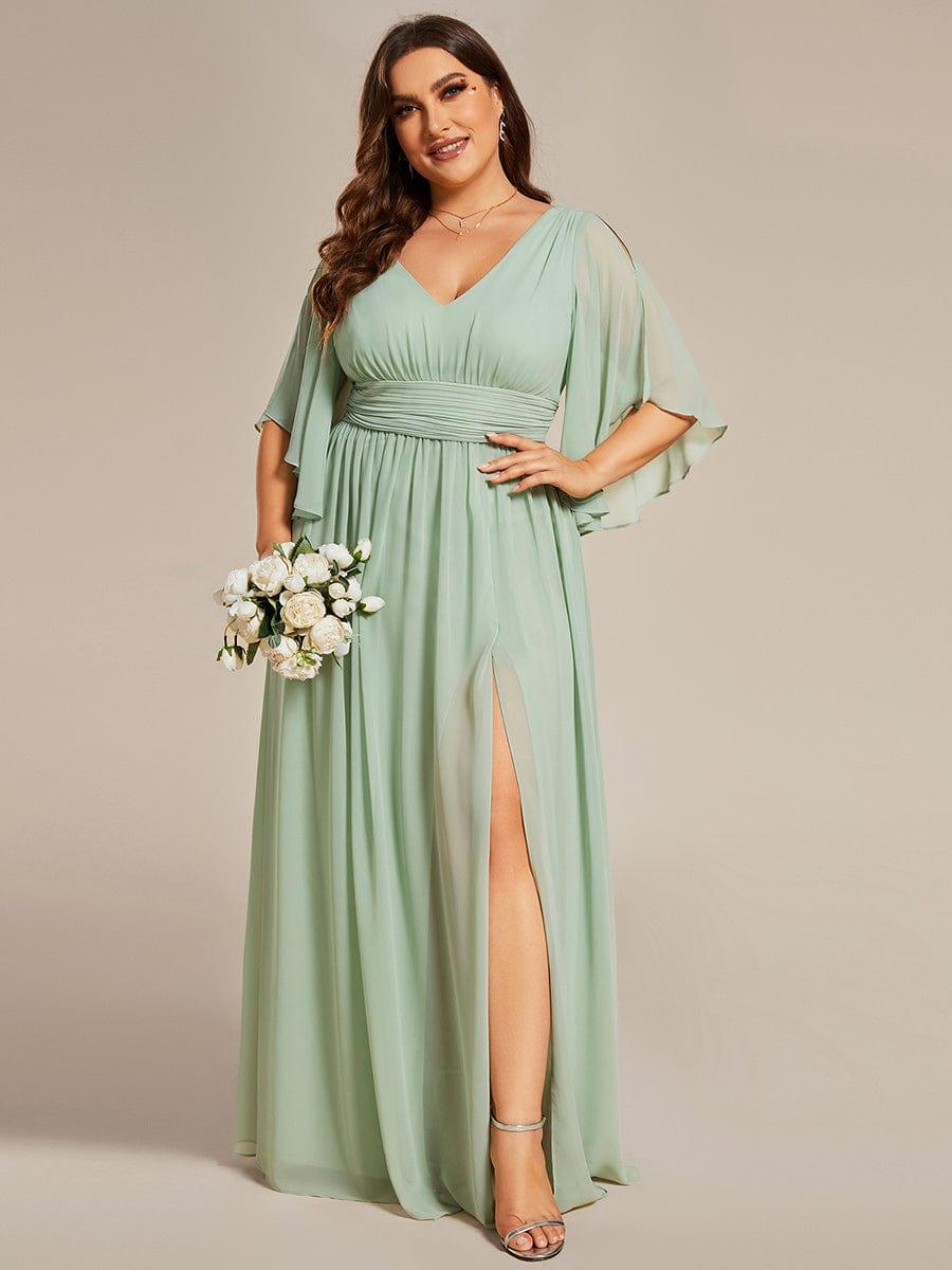 Plus Size Printed Half Sleeve Pleated A-Line Chiffon Wedding Guest Dress #color_Mint Green