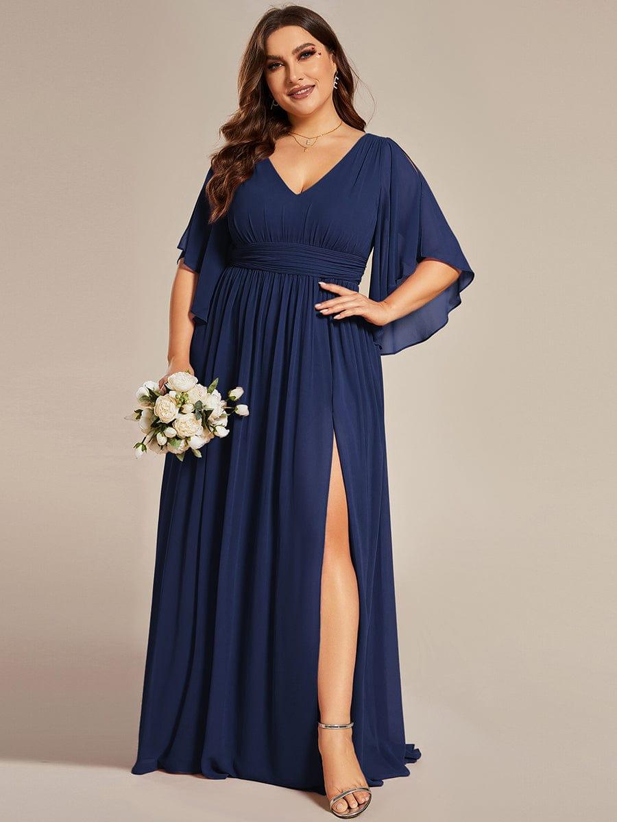 Plus Size Printed Half Sleeve Pleated A-Line Chiffon Wedding Guest Dress #color_Navy Blue