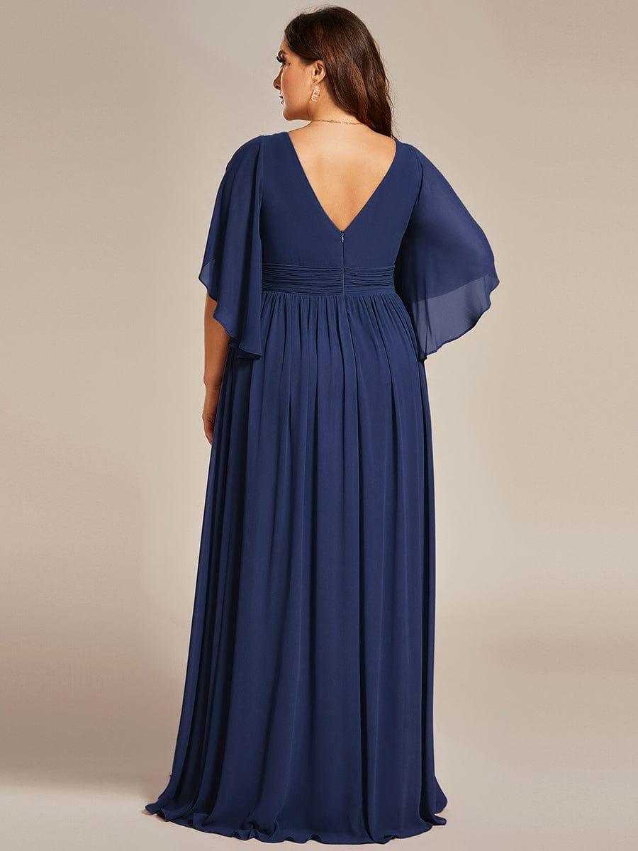 Plus Size Printed Half Sleeve Pleated A-Line Chiffon Wedding Guest Dress #color_Navy Blue
