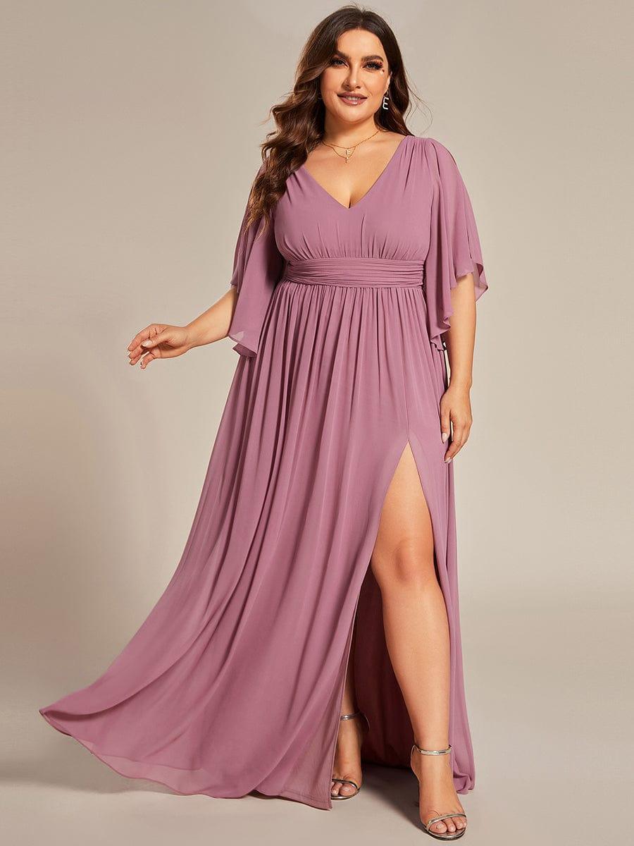 Plus Size Printed Half Sleeve Pleated A-Line Chiffon Wedding Guest Dress #color_Purple Orchid