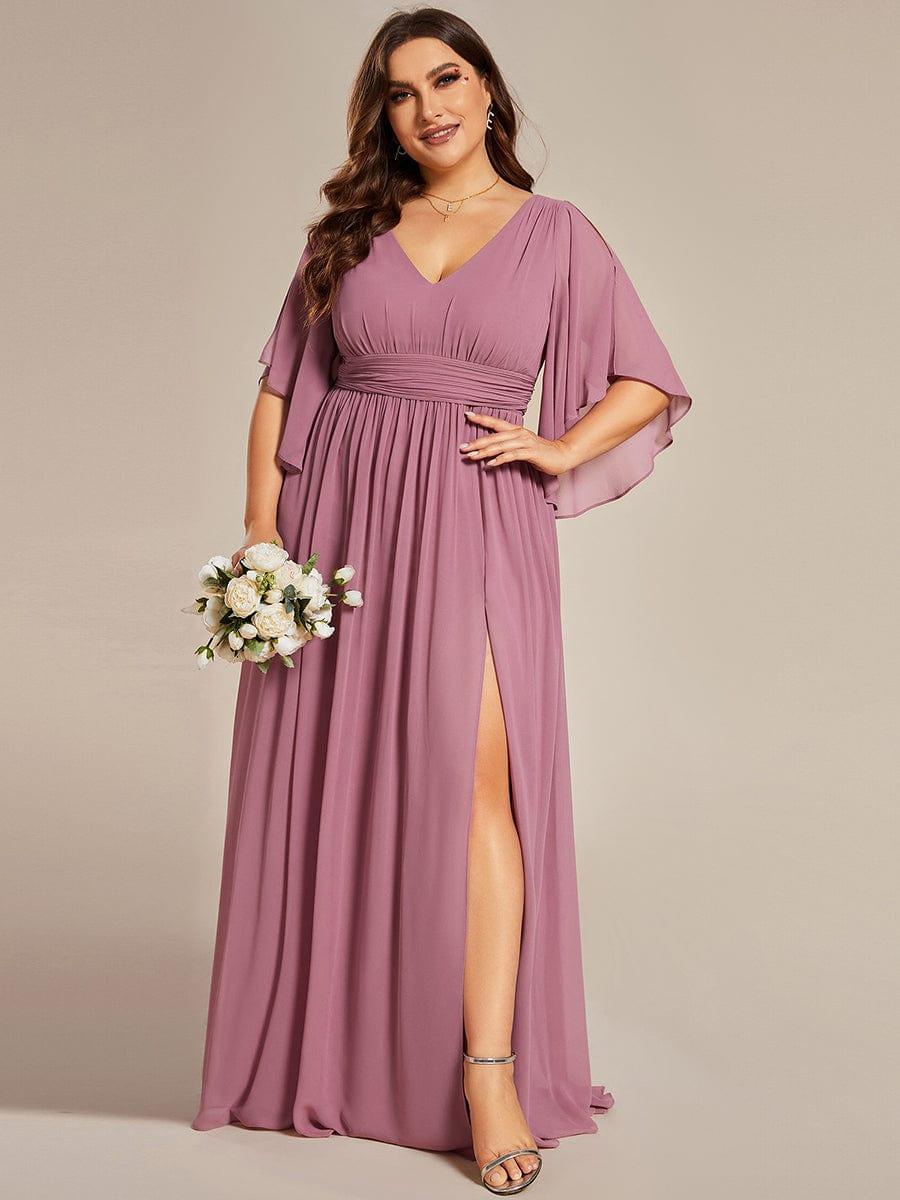 Plus Size Printed Half Sleeve Pleated A-Line Chiffon Wedding Guest Dress #color_Purple Orchid