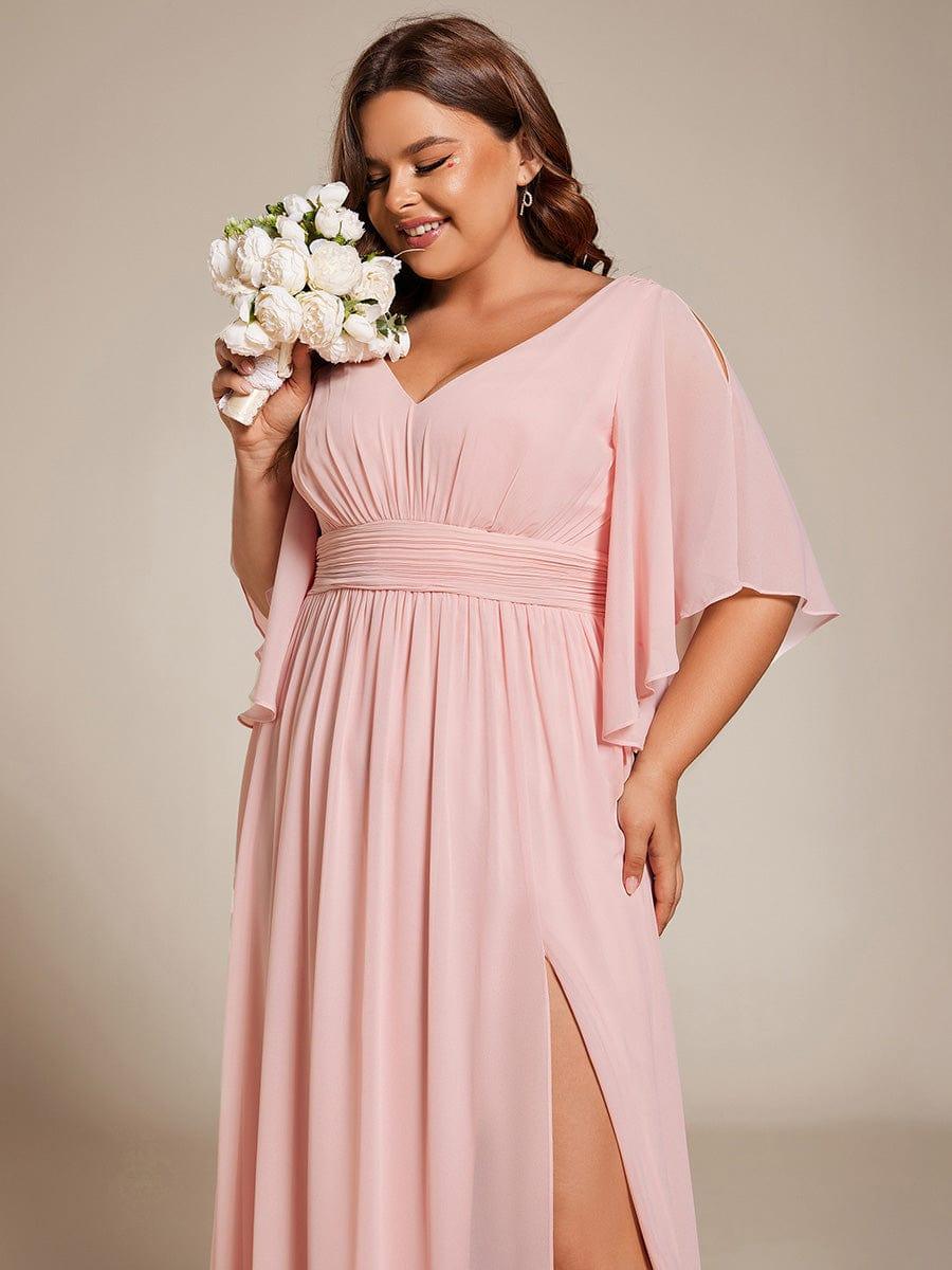 Plus Size Half Sleeve Pleated A-Line V-Neck Chiffon Bridesmaid Dress #color_Pink