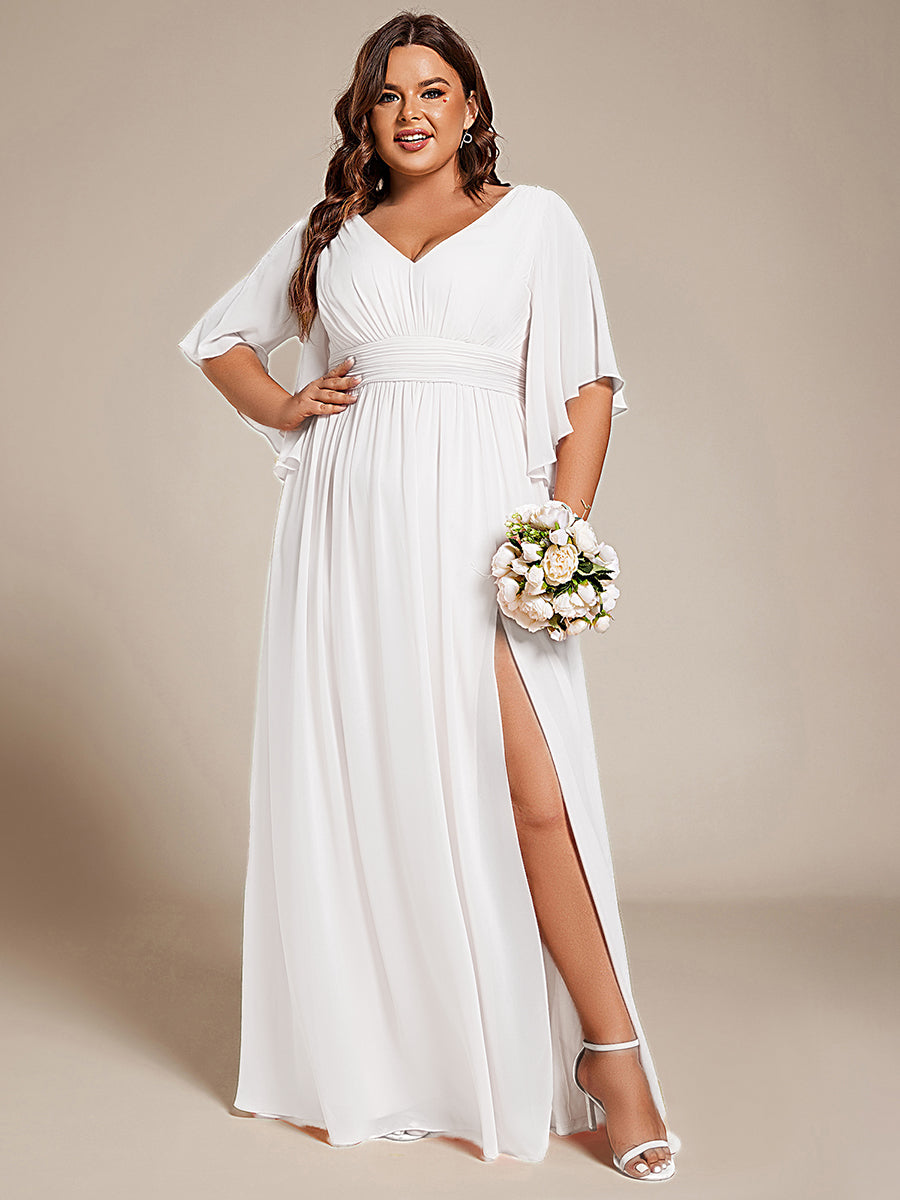 Plus Size Half Sleeve Pleated A-Line V-Neck Chiffon Bridesmaid Dress #color_White