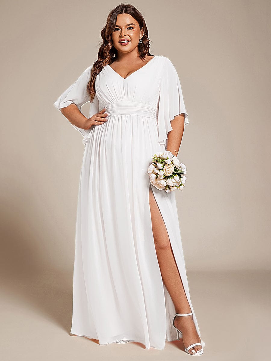 Plus Size Printed Half Sleeve Pleated A-Line Chiffon Wedding Guest Dress #color_White