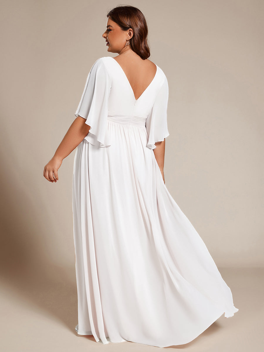 Plus Size Half Sleeve Pleated A-Line V-Neck Chiffon Bridesmaid Dress #color_White