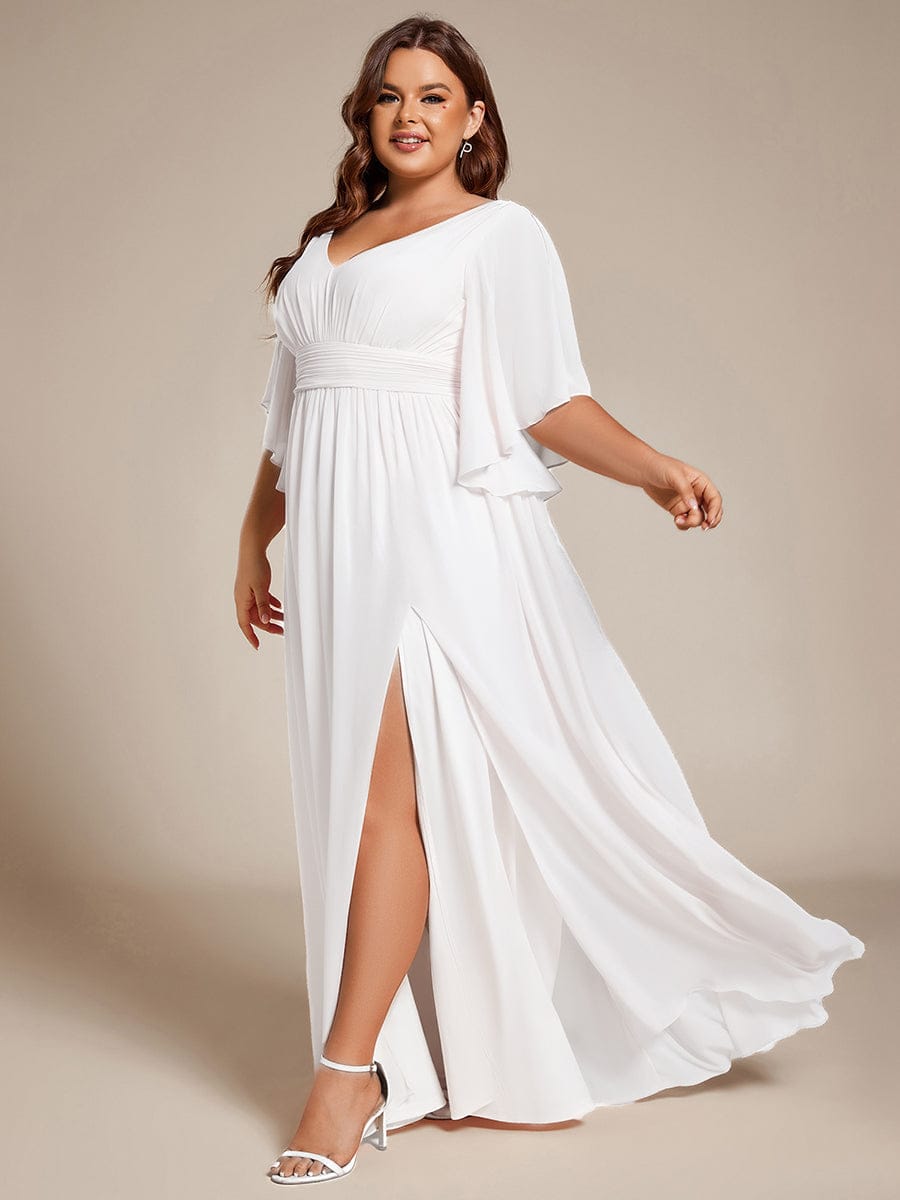 Plus Size Half Sleeve Pleated A-Line V-Neck Chiffon Bridesmaid Dress #color_White