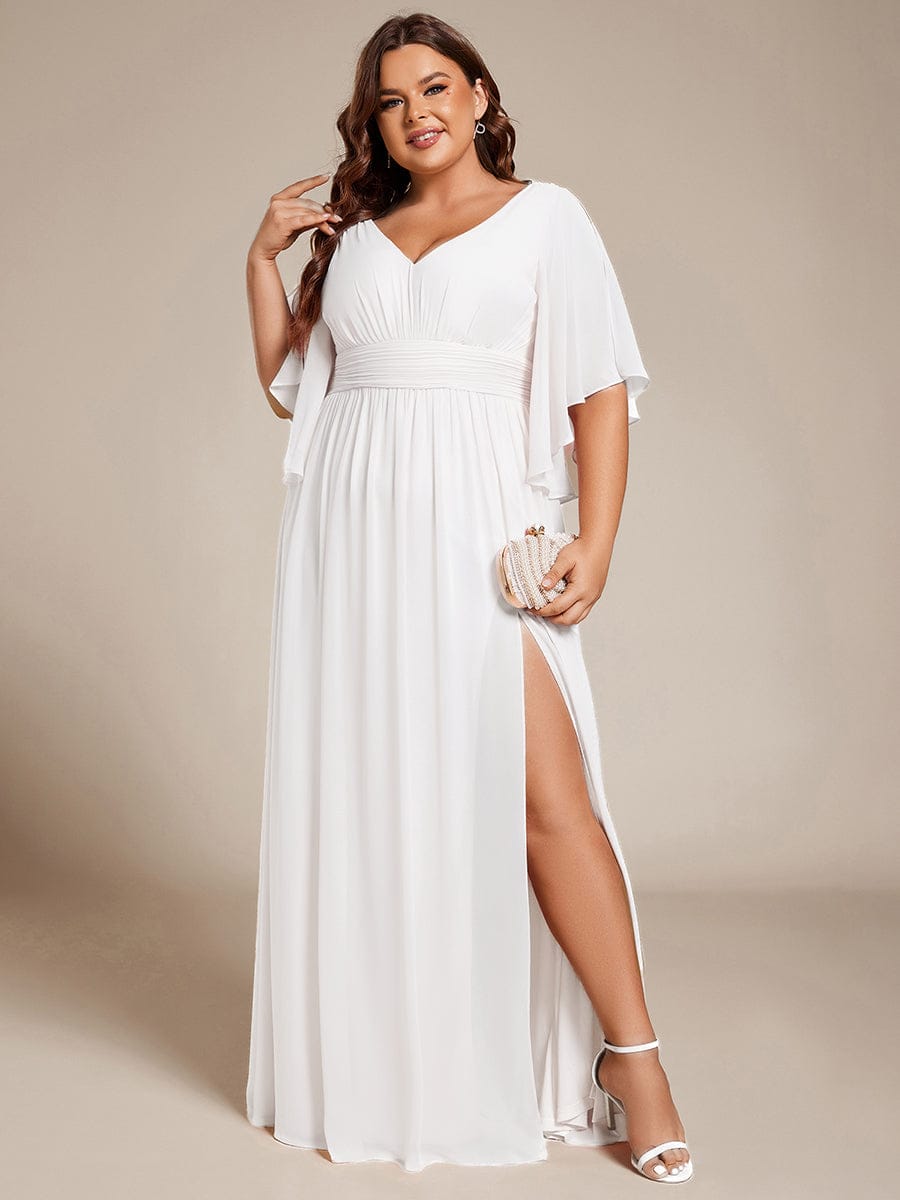Plus Size Printed Half Sleeve Pleated A-Line Chiffon Wedding Guest Dress #color_White