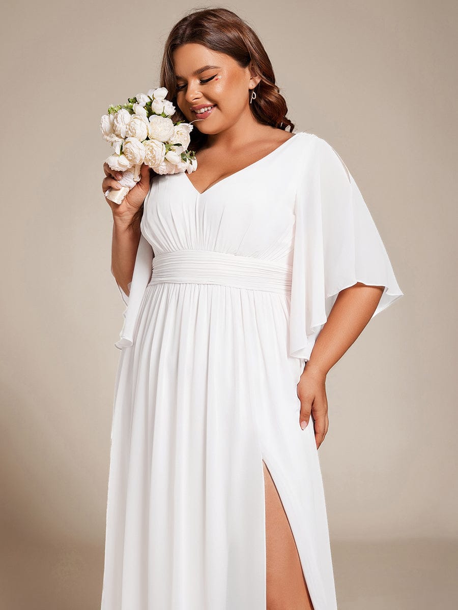 Plus Size Half Sleeve Pleated A-Line V-Neck Chiffon Bridesmaid Dress #color_White