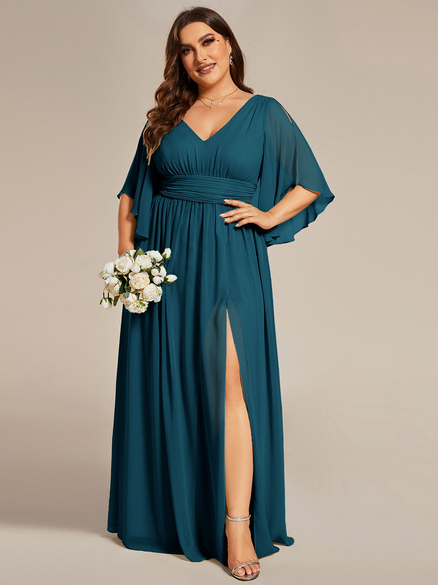 Half Sleeve V-Neck Pleated High Slit A-Line Chiffon Bridesmaid Dress #color_Teal Blue