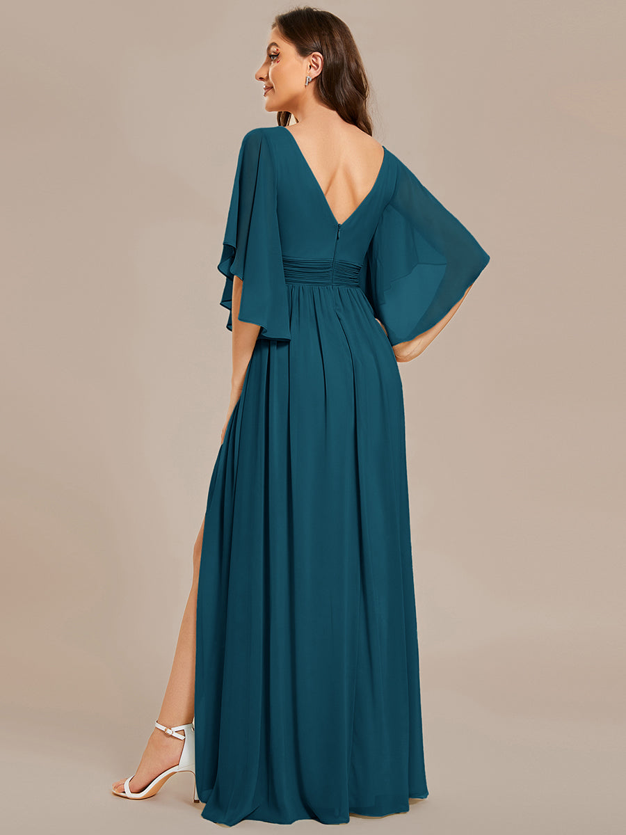 Half Sleeve V-Neck Pleated High Slit A-Line Chiffon Bridesmaid Dress #color_Teal Blue