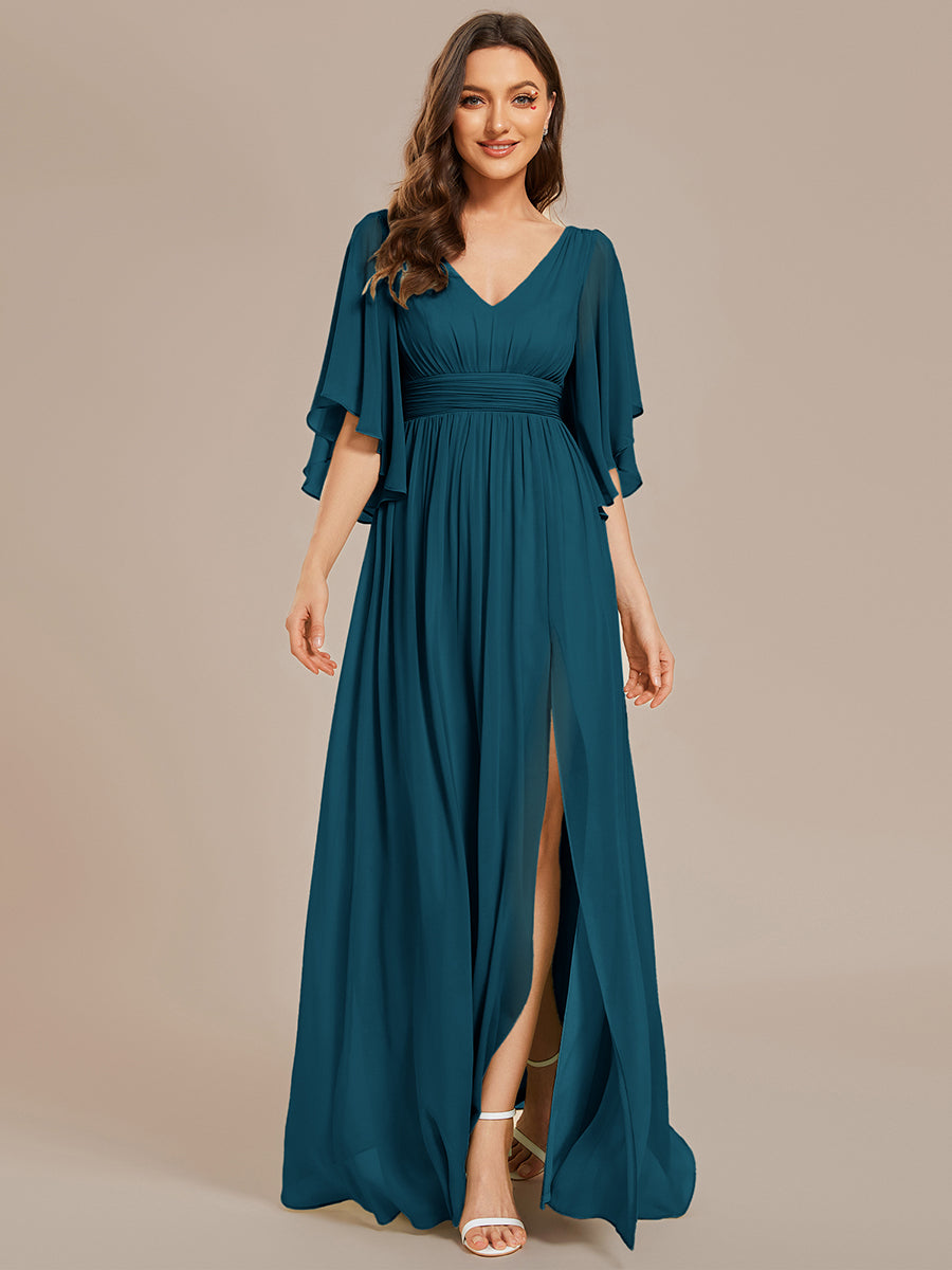 Half Sleeve V-Neck Pleated High Slit A-Line Chiffon Bridesmaid Dress #color_Teal Blue