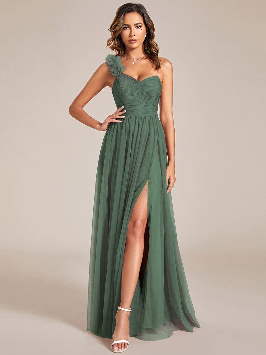 Sweetheart Neckline One Shoulder with Floral Tulle High Slit Bridesmaid Dress #color_Eucalyptus