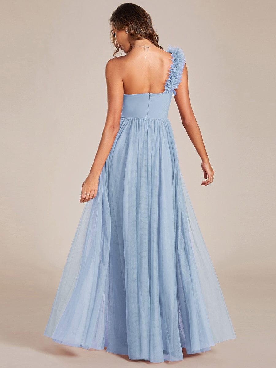 Sweetheart Neckline One Shoulder with Floral Tulle High Slit Bridesmaid Dress #color_Light Blue