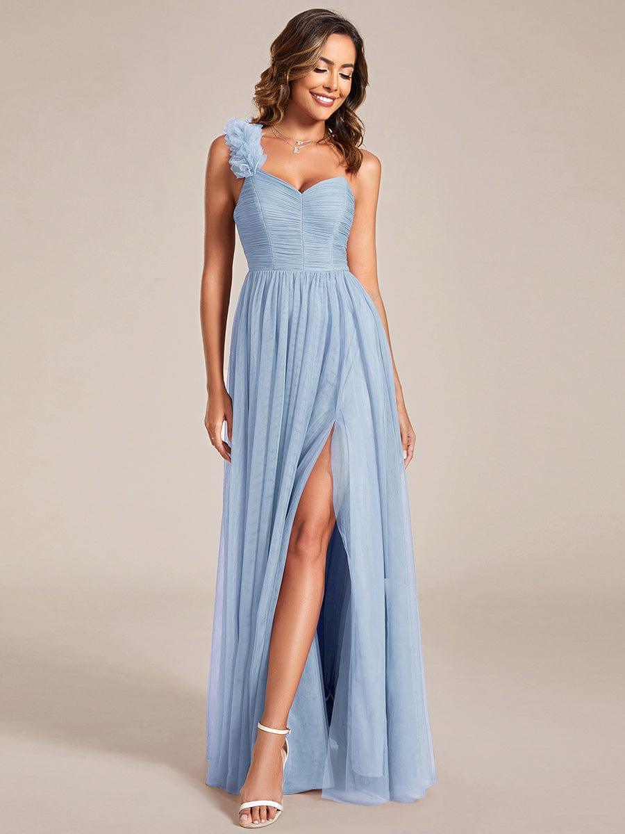 Sweetheart Neckline One Shoulder with Floral Tulle High Slit Bridesmaid Dress #color_Light Blue