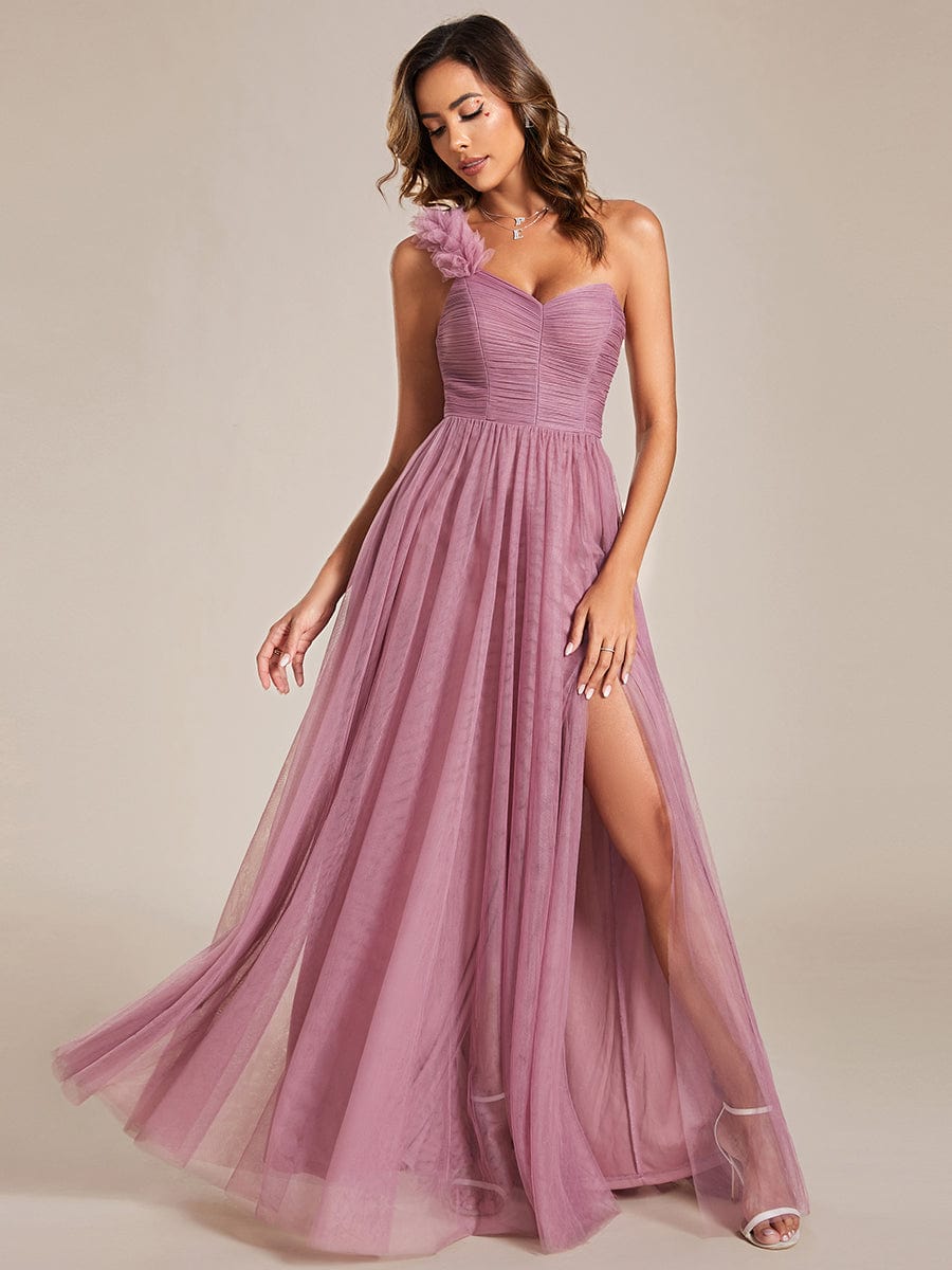 Custom Size Sweetheart Neckline One Shoulder with Floral Tulle High Slit Bridesmaid Dress