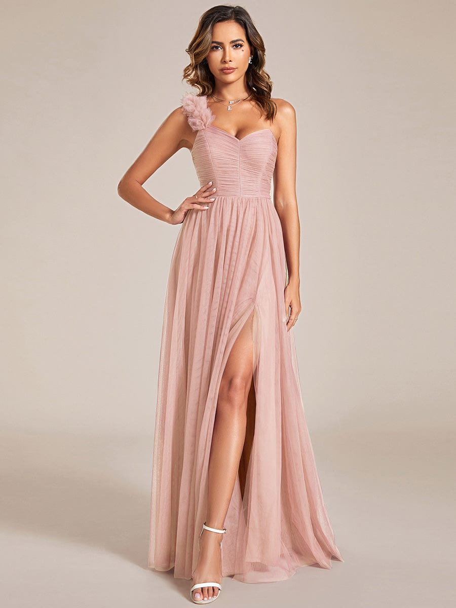 Custom Size Sweetheart Neckline One Shoulder with Floral Tulle High Slit Bridesmaid Dress