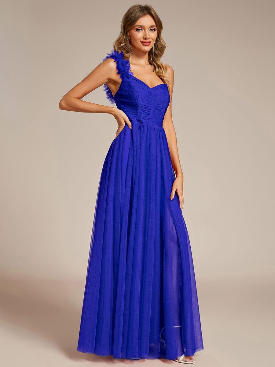 Sweetheart Neckline One Shoulder with Floral Tulle High Slit Bridesmaid Dress #color_Sapphire Blue
