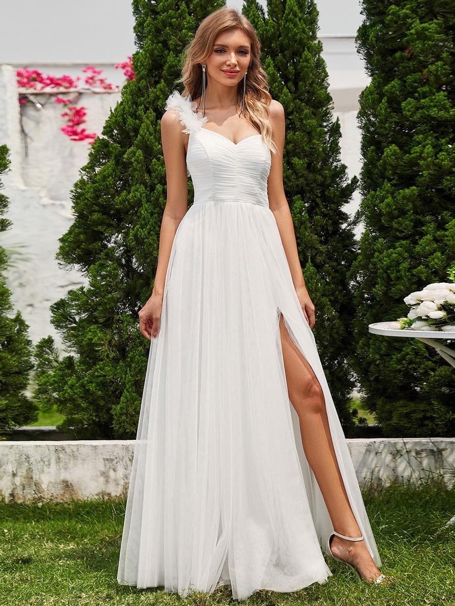 Sweetheart Neckline One Shoulder with Floral Tulle High Slit Bridesmaid Dress #color_White