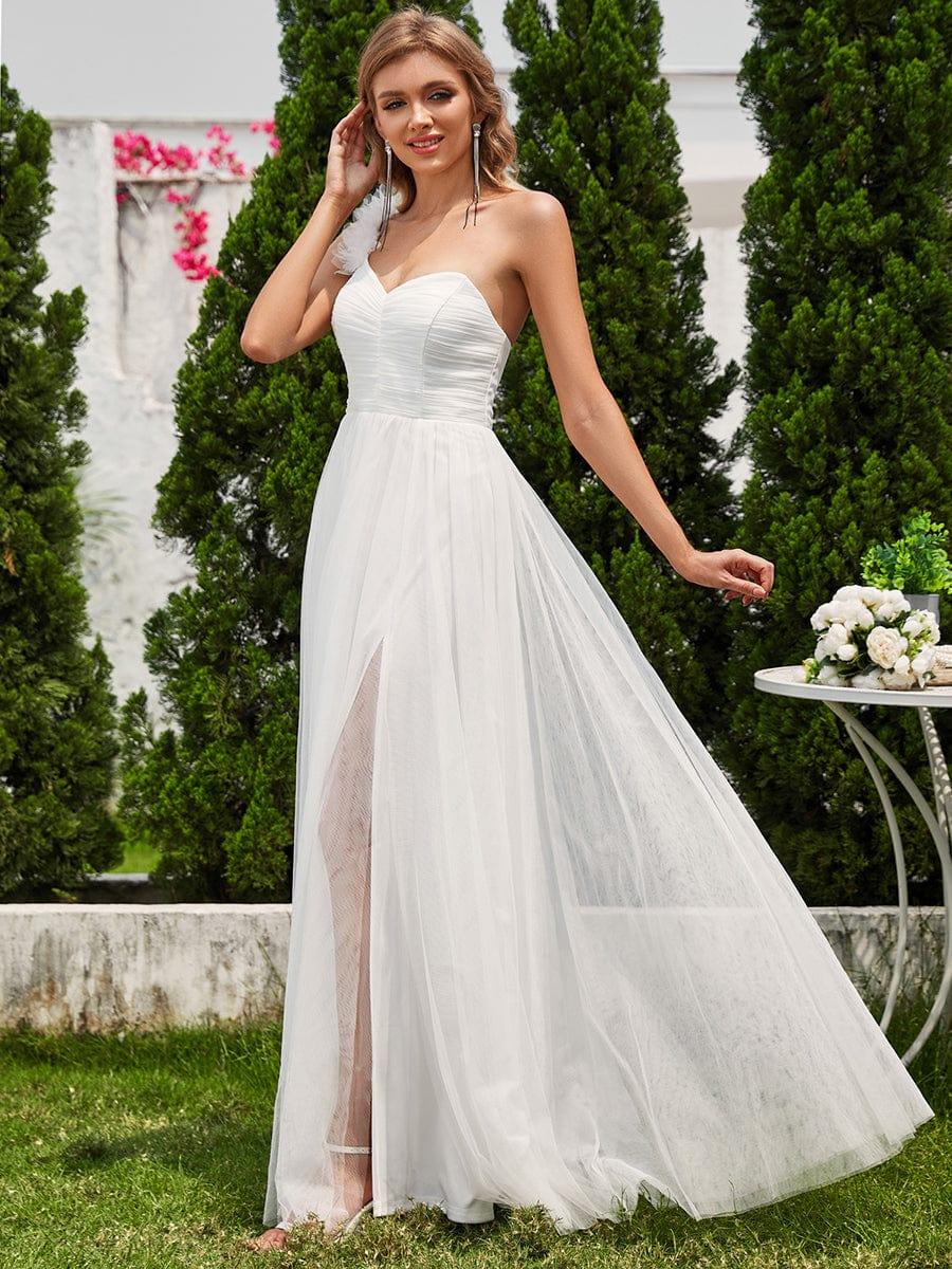 Sweetheart Neckline One Shoulder with Floral Tulle High Slit Bridesmaid Dress #color_White