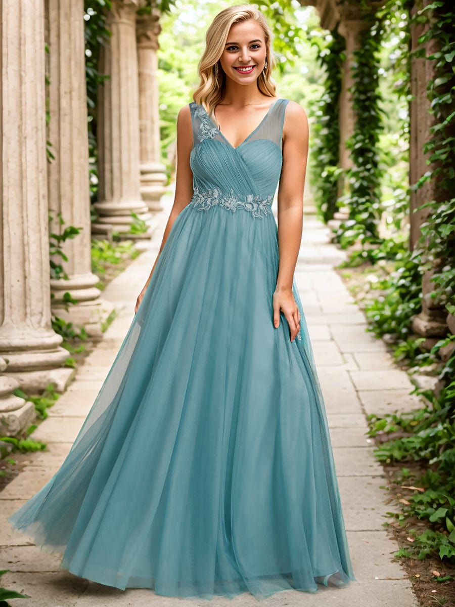 See-Through Shoulder Strap Flower Decoration Tulle Bridesmaid Dress #color_Dusty Blue