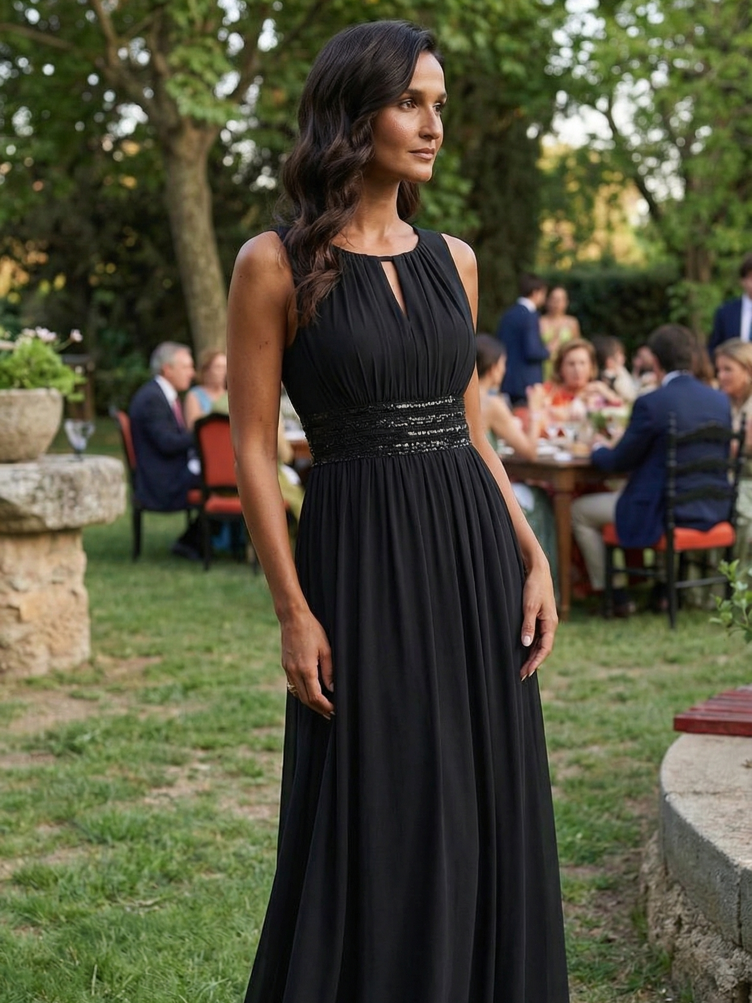 Hollow Out Sleeveless Maxi Wedding Guest Dress #color_Black