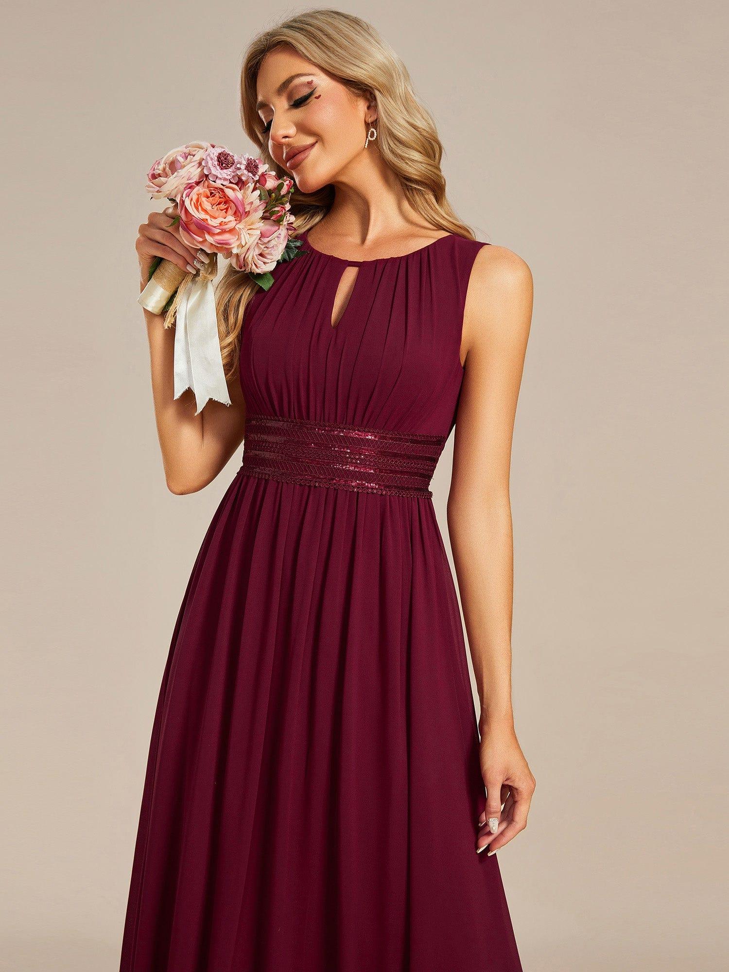 Hollow Out Sleeveless Maxi Wedding Guest Dress #color_Burgundy