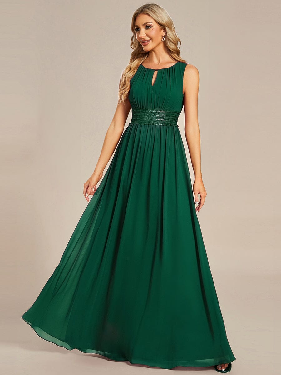 Simple Sleeveless A-line Chiffon Bridesmaid Dress with Hollow Out Detail #color_Dark Green