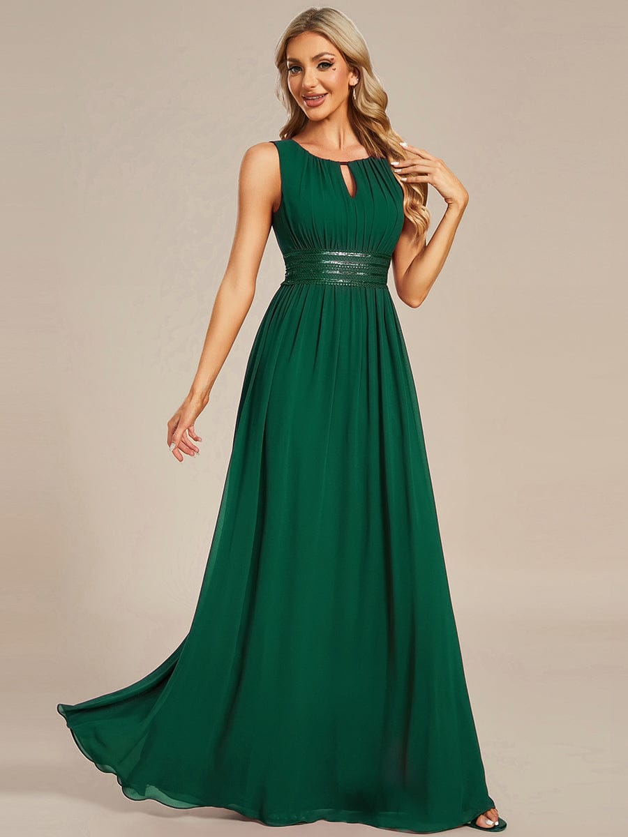 Simple Sleeveless A-line Chiffon Bridesmaid Dress with Hollow Out Detail #color_Dark Green