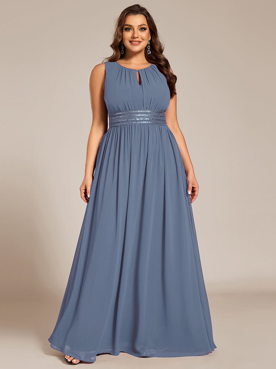 Plus Size Hollow Out Sleeveless Empire Waist Chiffon Bridesmaid Dress #color_Dusty Blue