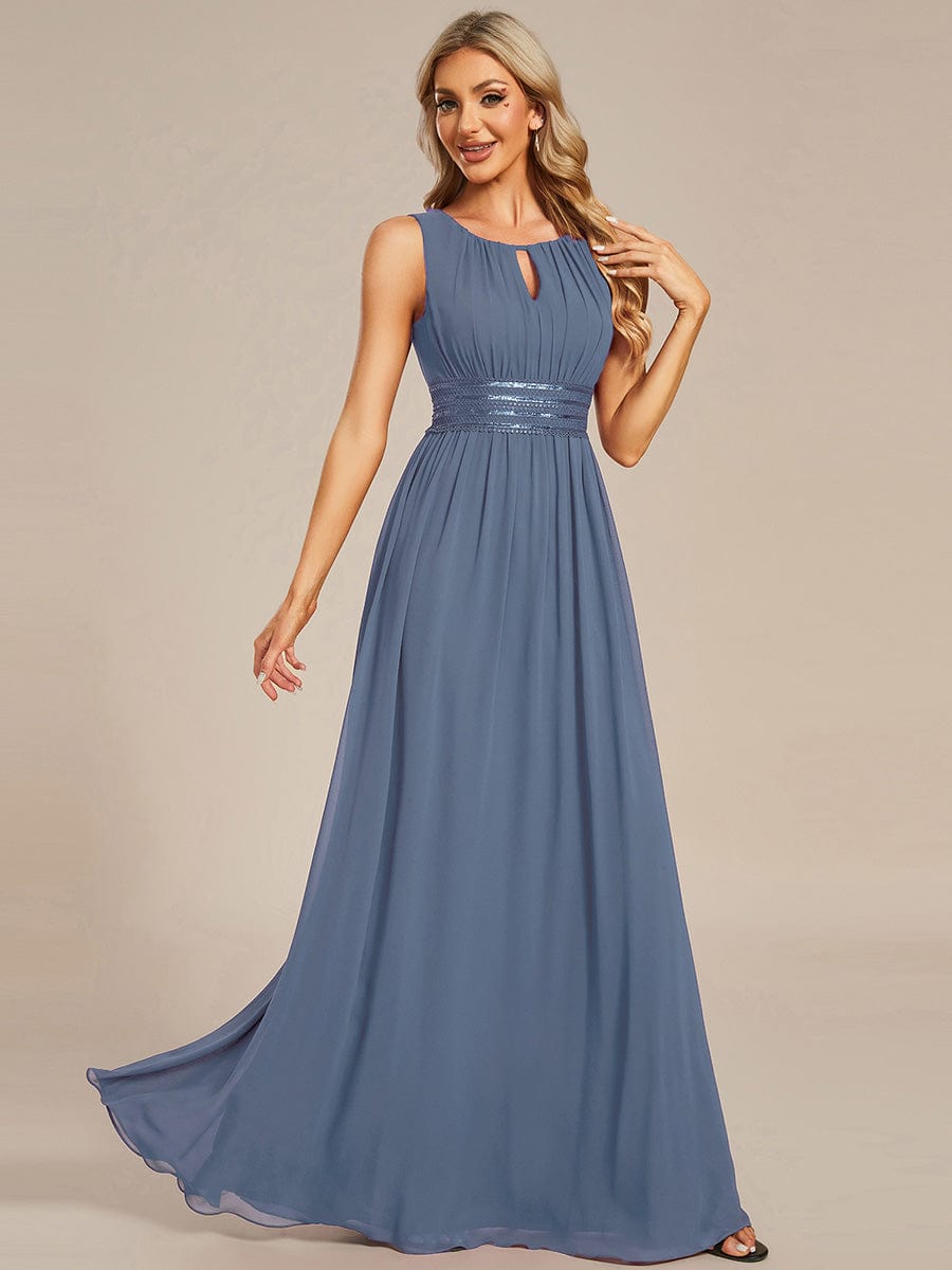 Simple Sleeveless A-line Chiffon Bridesmaid Dress with Hollow Out Detail #color_Dusty Blue