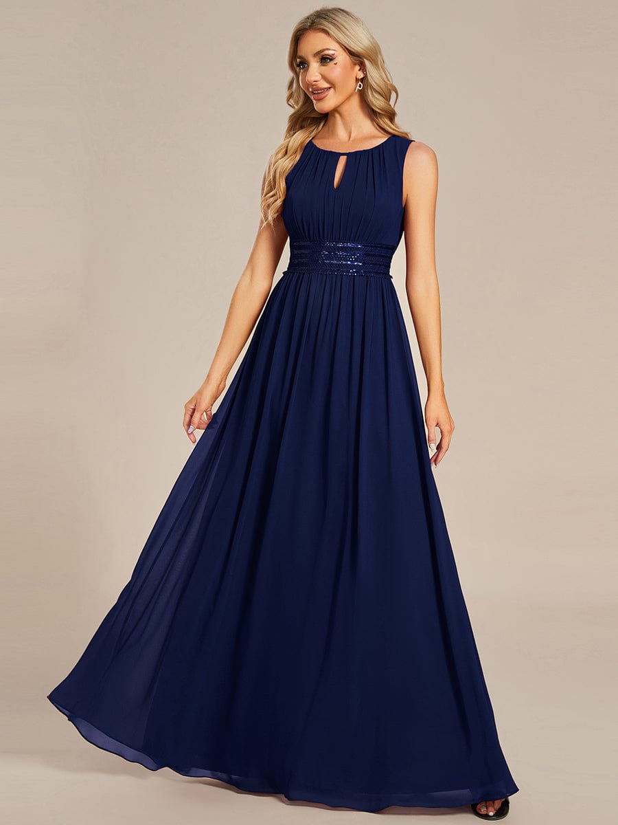 Hollow Out Sleeveless Maxi Wedding Guest Dress #color_Navy Blue