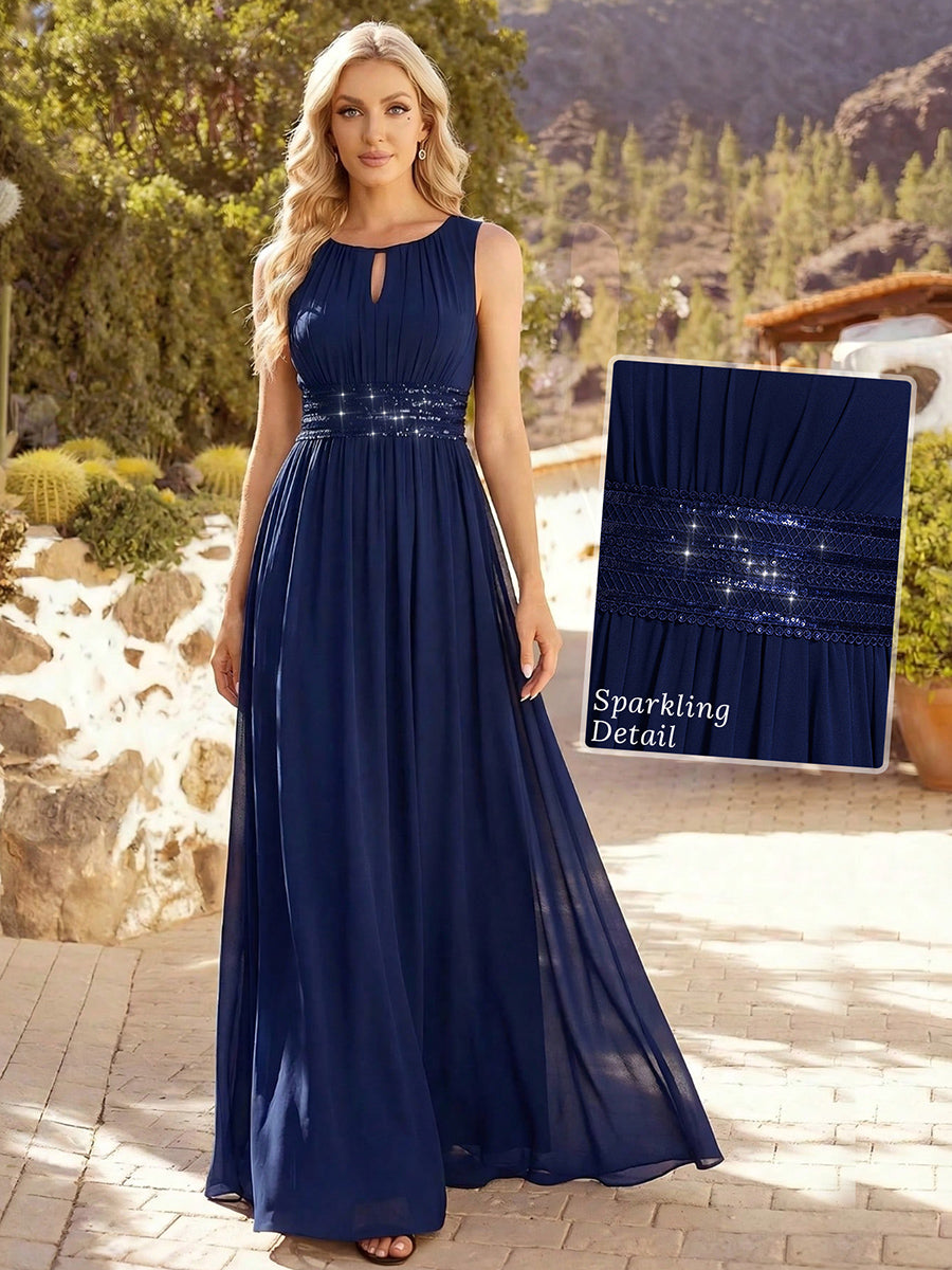 Plus Size Hollow Out Sleeveless Empire Waist Chiffon Bridesmaid Dress #color_Navy Blue