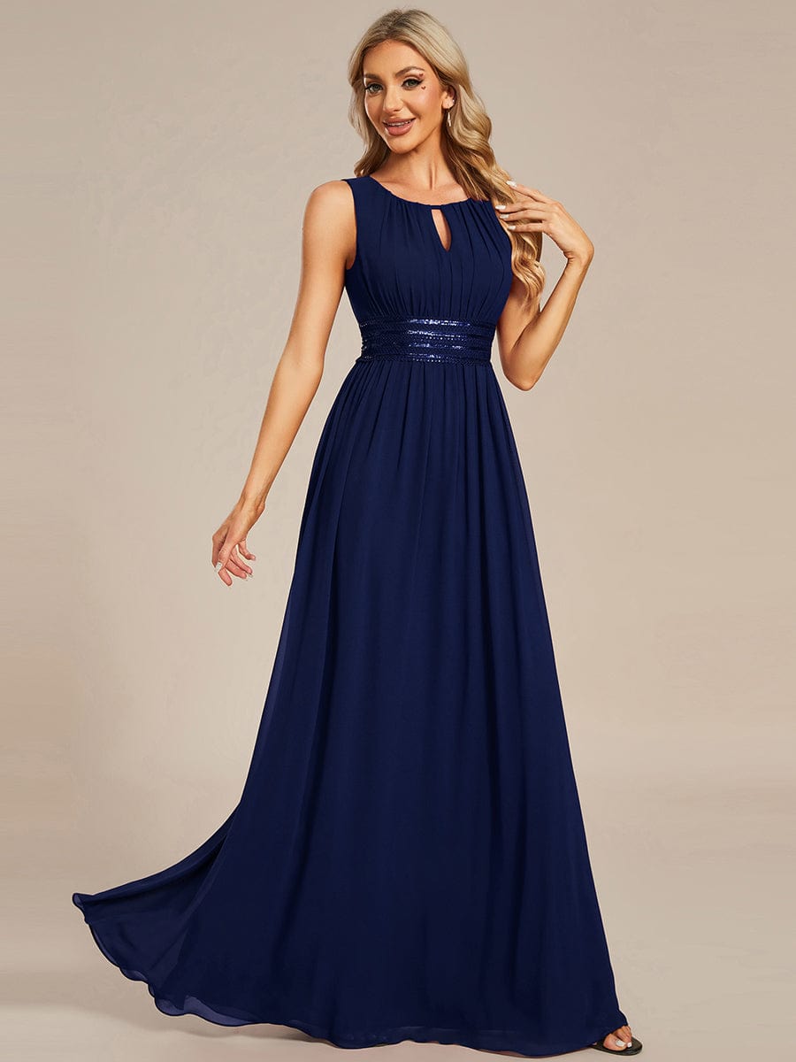 Hollow Out Sleeveless Maxi Wedding Guest Dress #color_Navy Blue