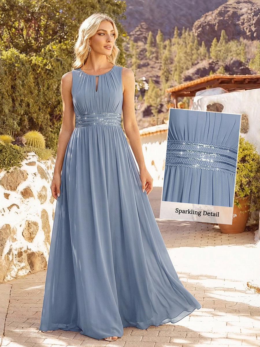 Plus Size Hollow Out Sleeveless Empire Waist Chiffon Bridesmaid Dress #color_Slate Blue