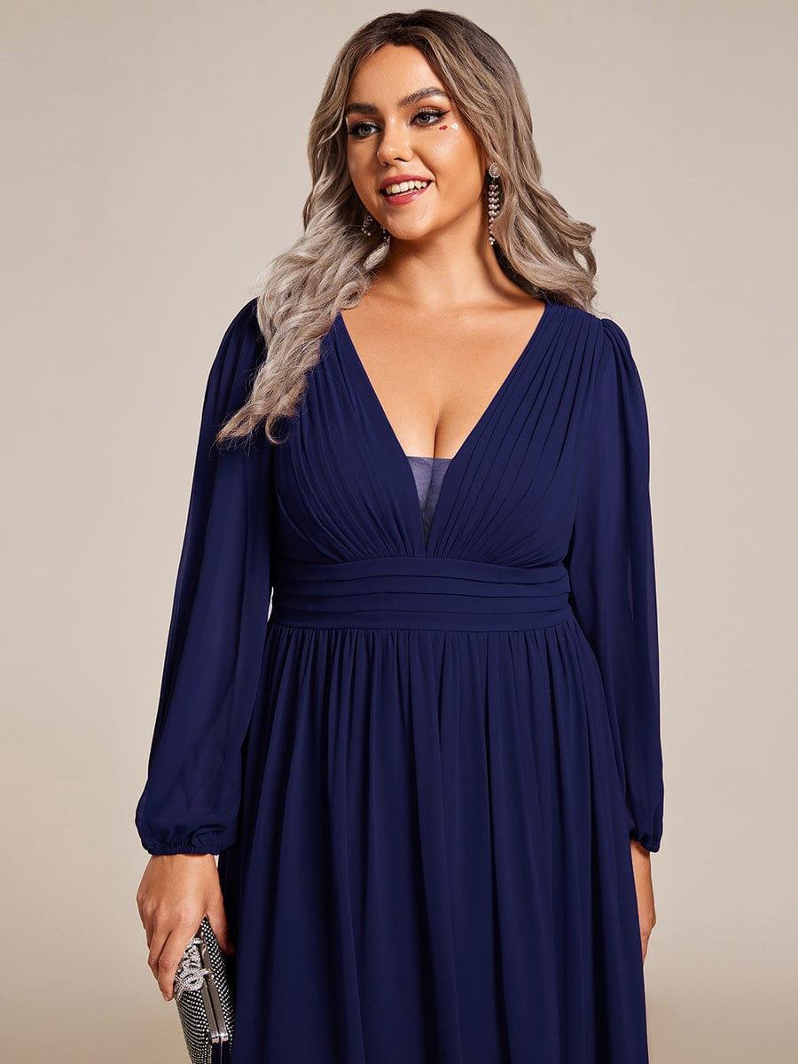 Plus Size V-Neck Long Lantern Sleeves A-Line Chiffon Bridesmaid Dress #color_Navy Blue
