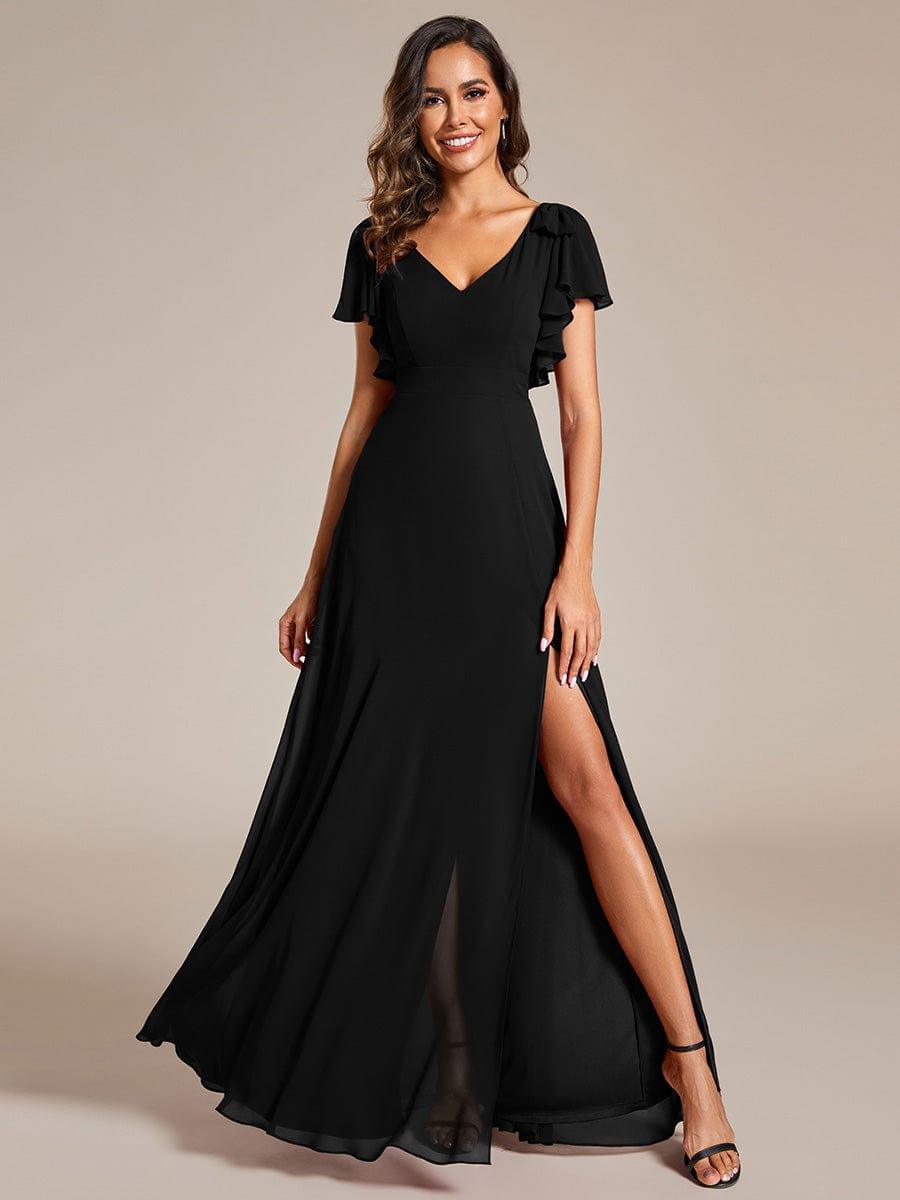 Short Sleeves with Bowknot High Front Slit A-Line Chiffon Bridesmaid Dress #color_Black