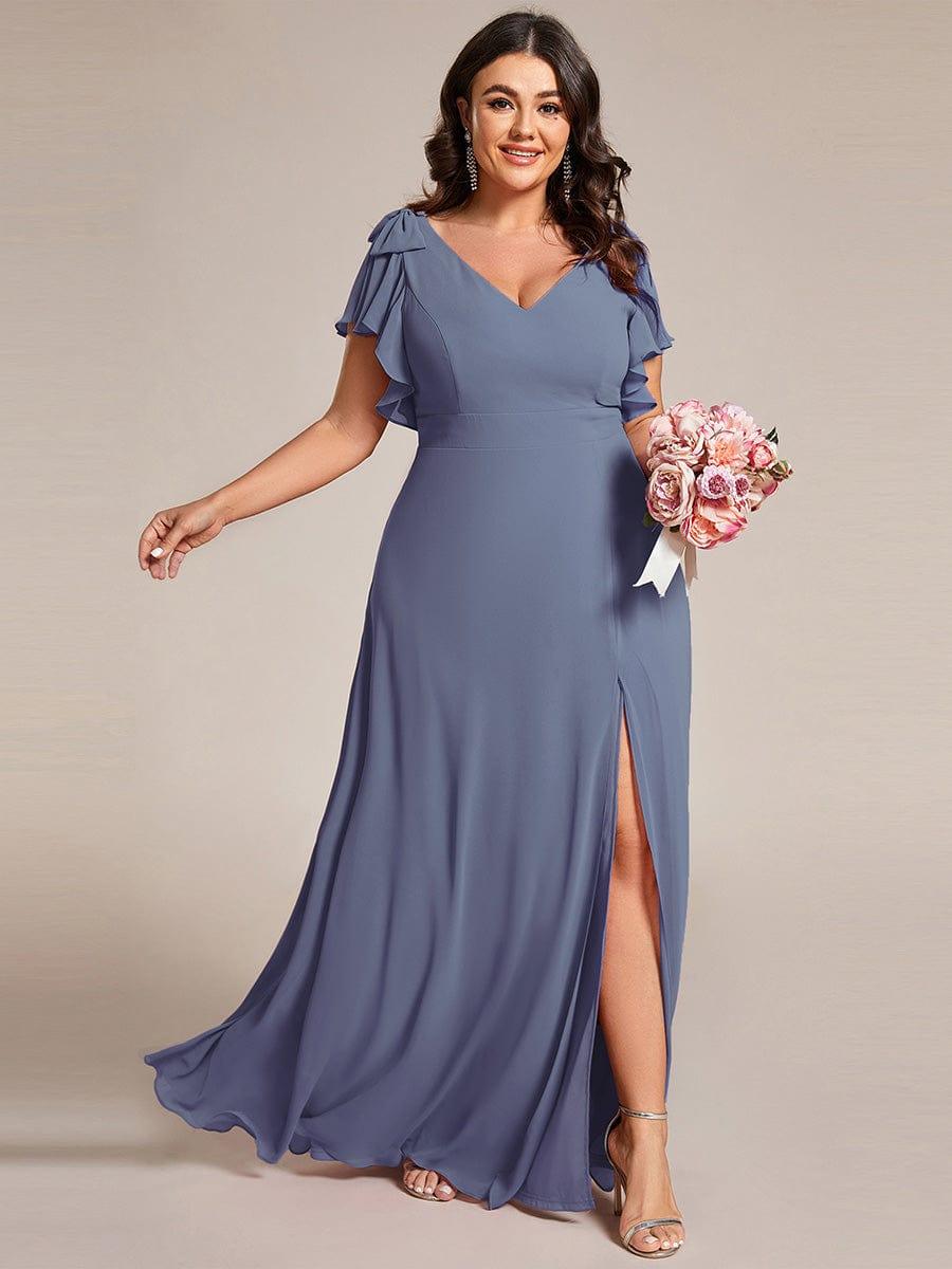 Plus Size Split Ruffles Sleeves with Bowknot Double V-neck Chiffon Bridesmaid Dress #color_Dusty Blue