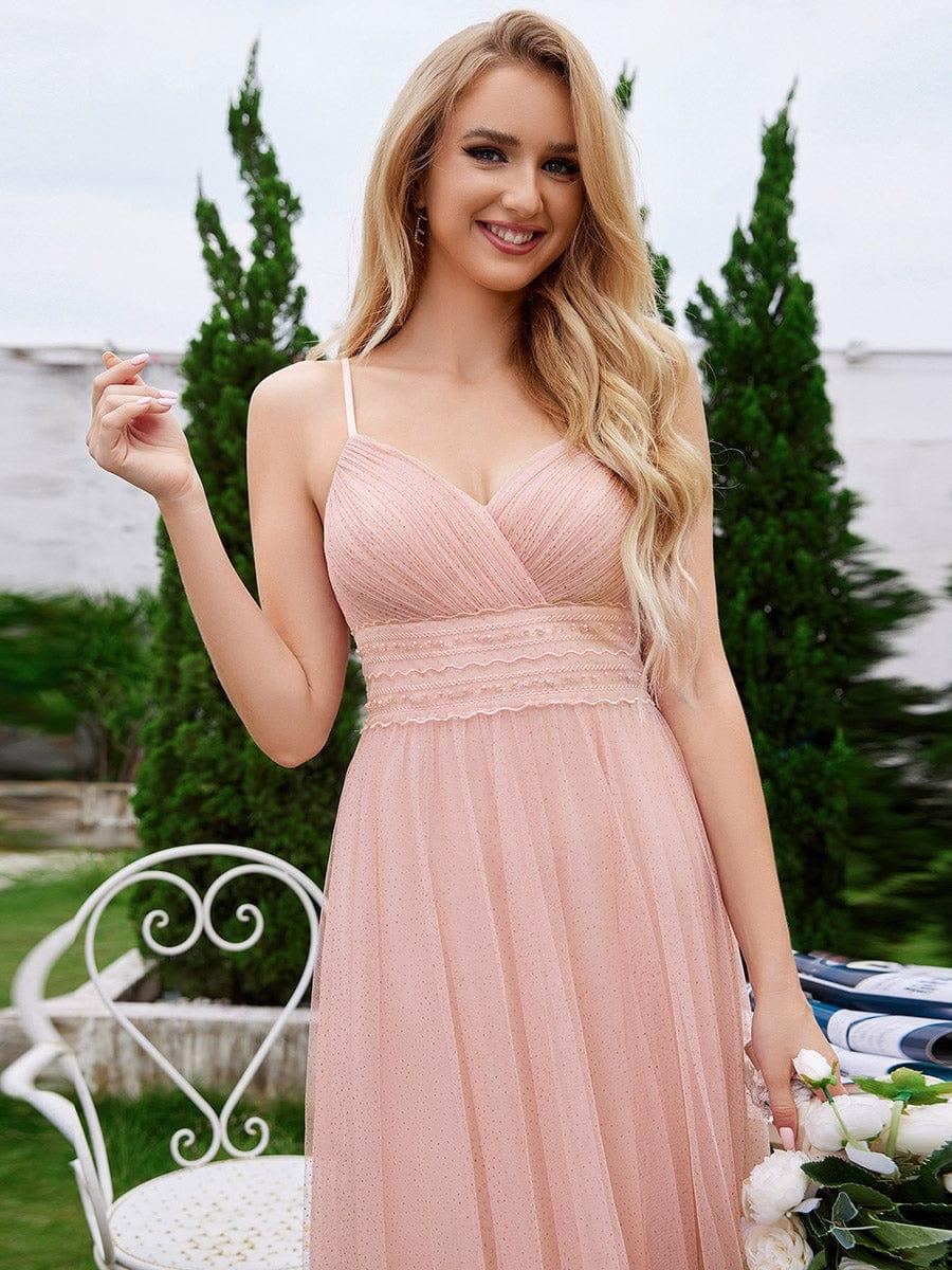 Pleated Lace Pearl Waist High Slit Bridesmaid Dress with V-Neck #color_Pink