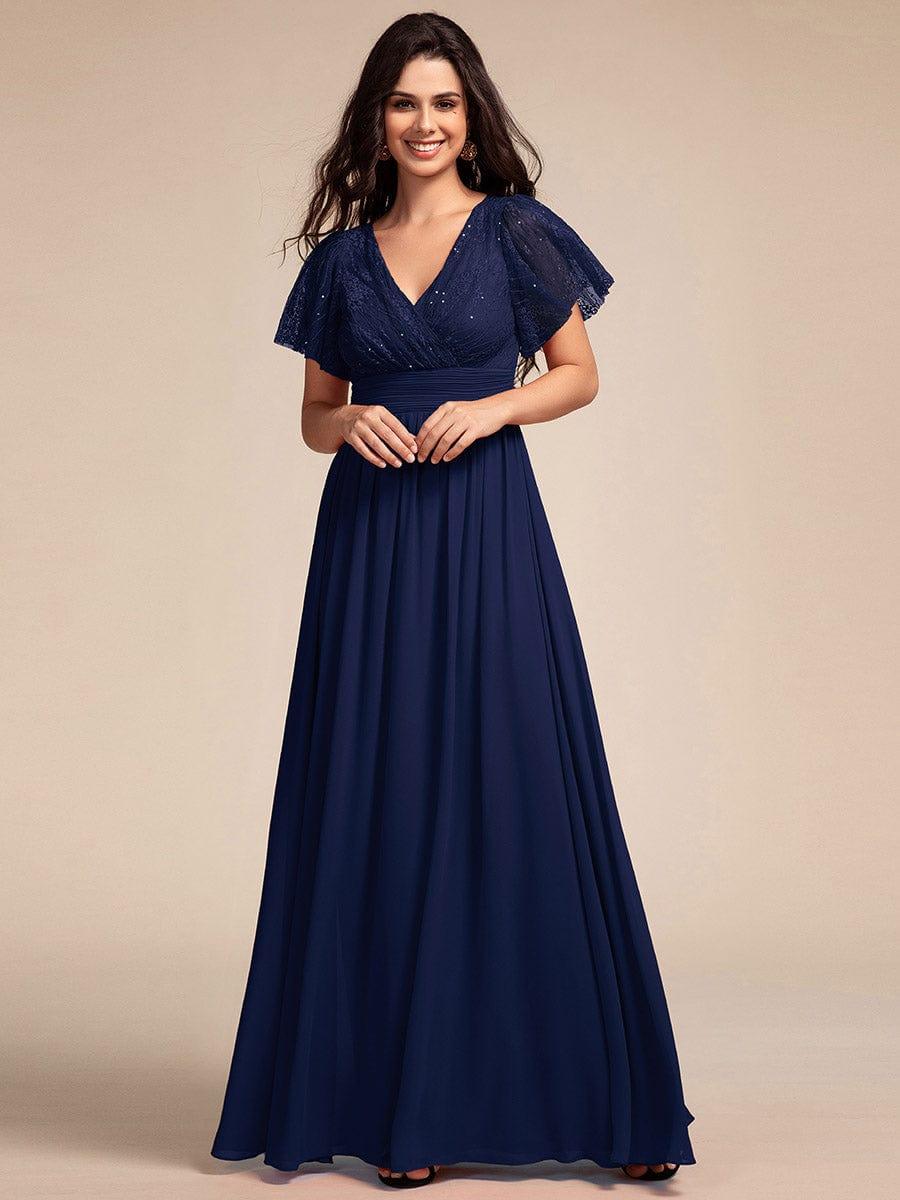 Flutter Sleeve Pleated Lace Bodice V-Neck Maxi Bridesmaid Dress #color_Navy Blue