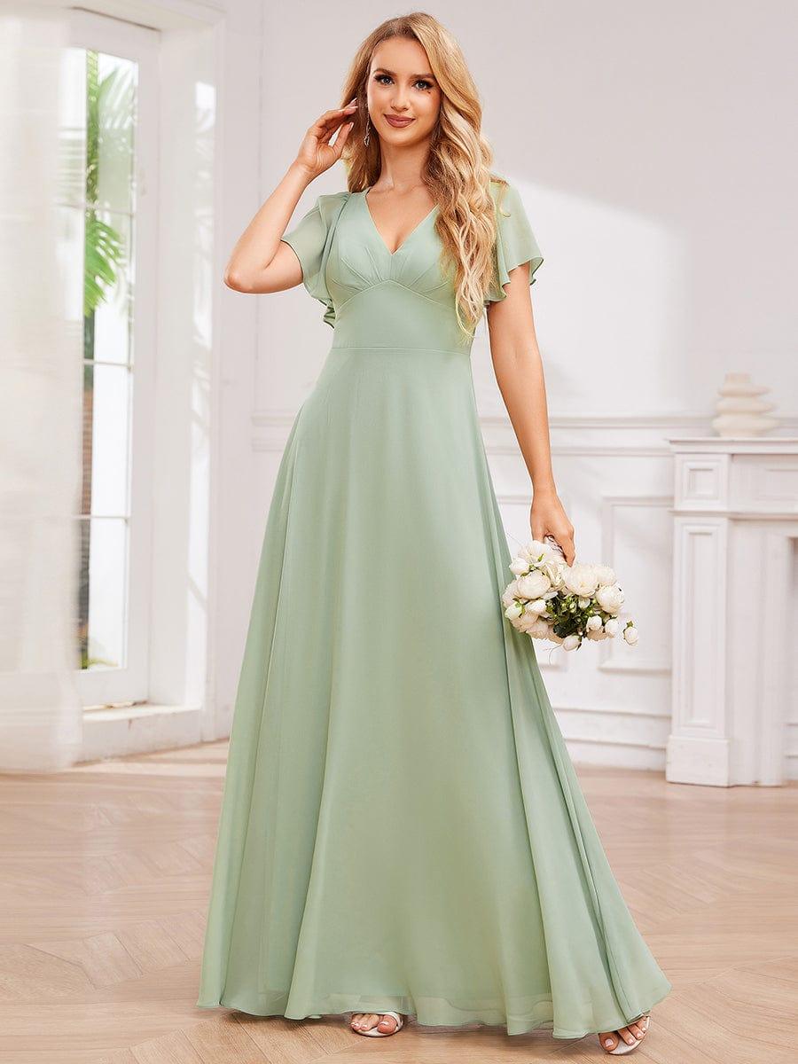 High-Waist Pleated V-Neck Bridesmaid Dress with Cross-Tie Back #color_Mint Green