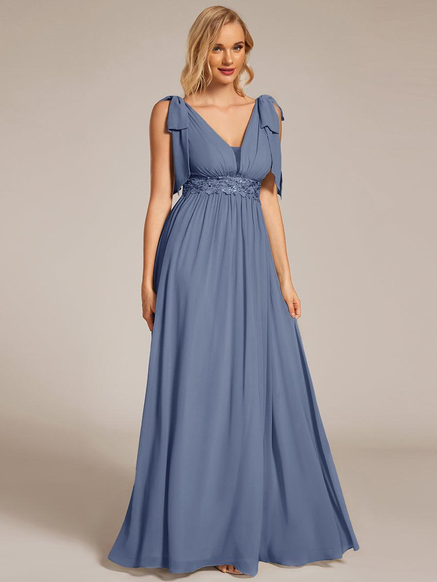 Bow Shoulder Empire Waist Maxi Bridesmaid Dress #color_Dusty Blue