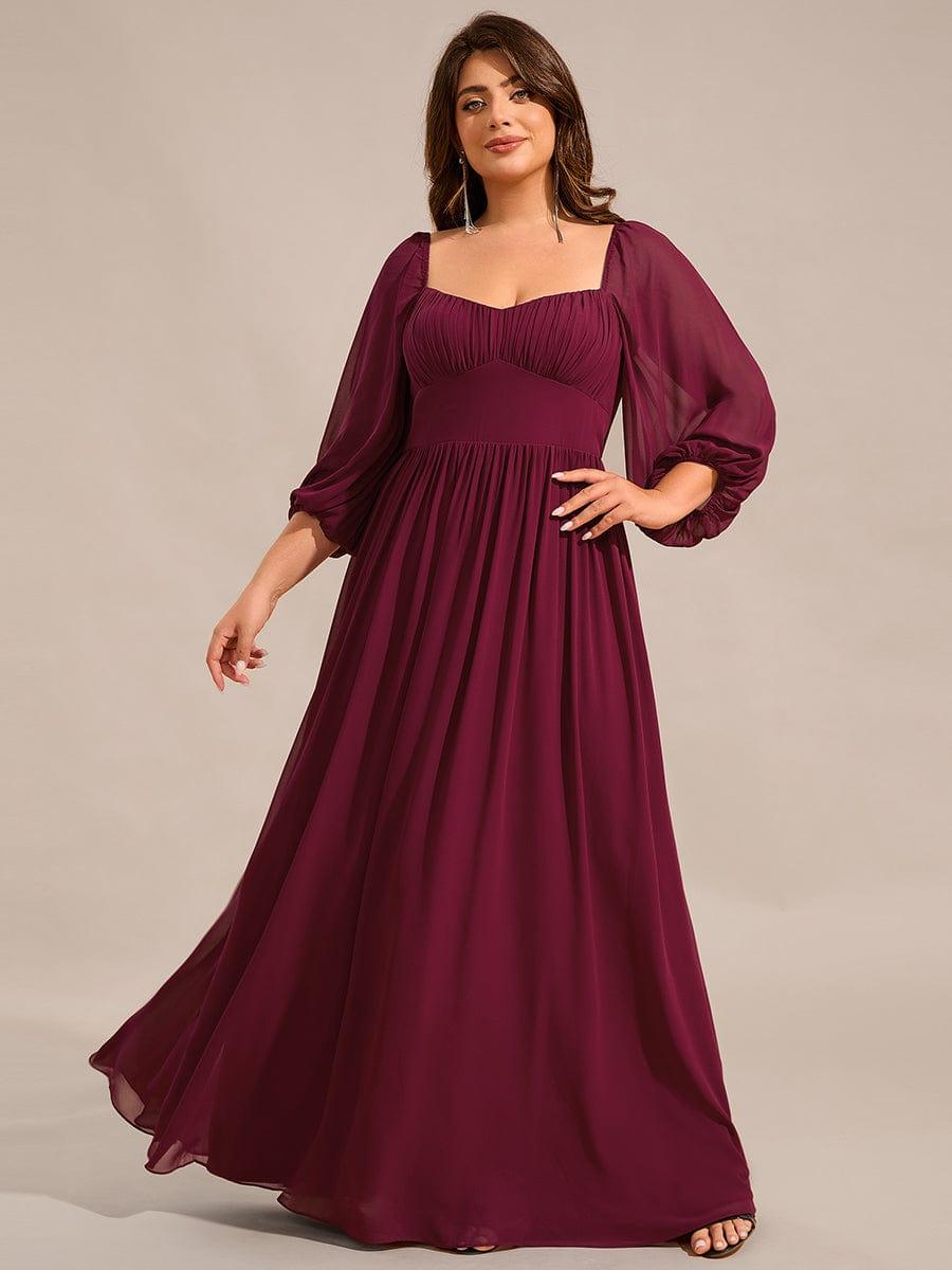 Plus Size Lace-Up 3/4 Sleeve Chiffon Bridesmaid Dress #color_Burgundy